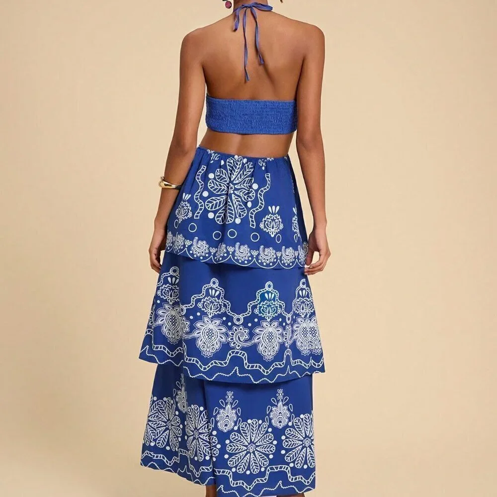 Blue Boho Women's Vacation Chiffon Floral Print Backless Halter Dress